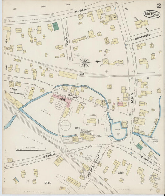 Sanborn Fire Insurance Map from Milford, Worcester County, Massachusetts (1885), Sheet #0002 - Historic Sanborn Fire Insurance Map Print, vintage old map wall art, antique decor, genealogy gift, Massachusetts Massachusetts map