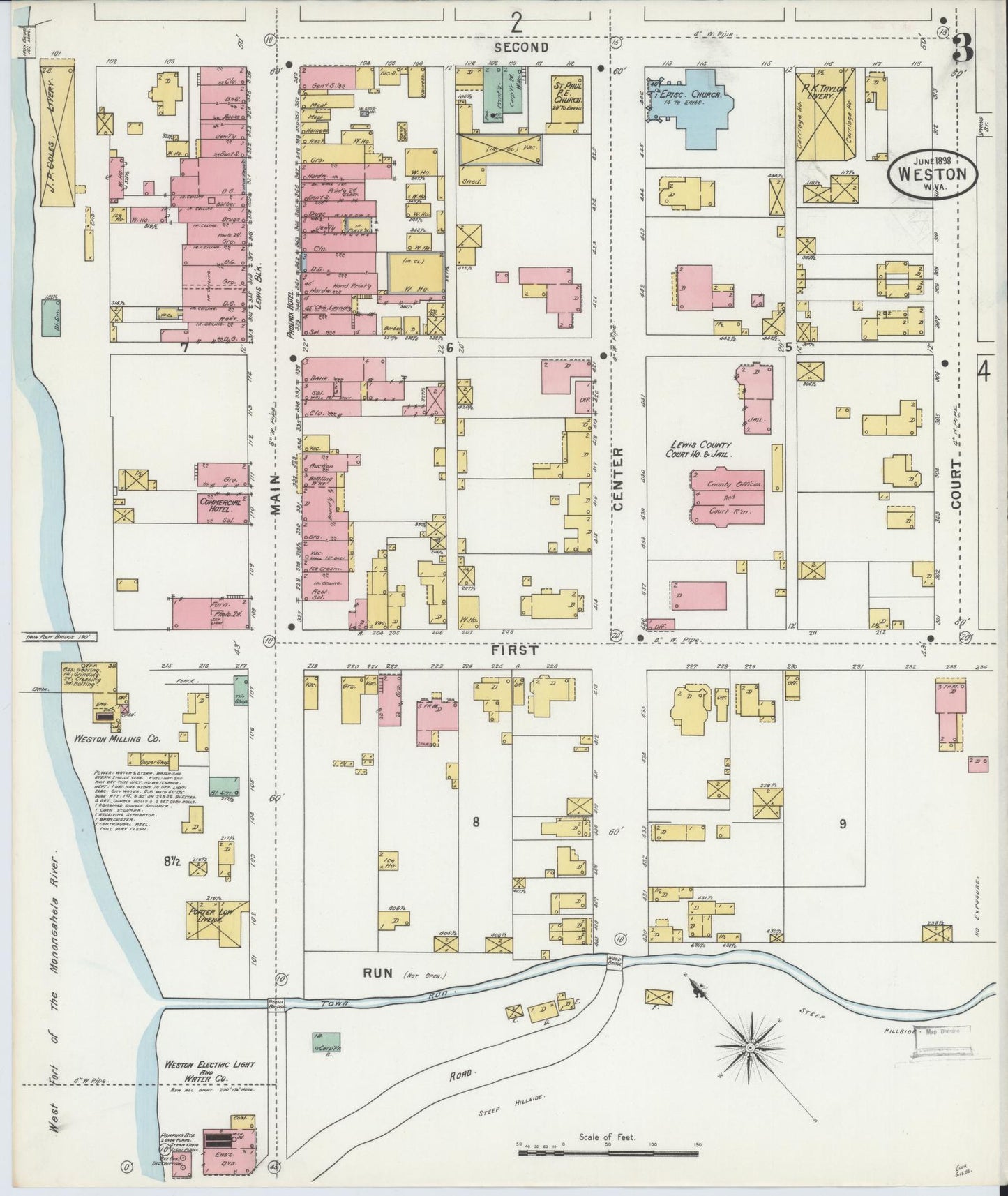 Sanborn Fire Insurance Map from Weston, Lewis County, West Virginia (1898), Sheet #0003 - Historic Sanborn Fire Insurance Map Print, vintage old map wall art, antique decor, genealogy gift, West Virginia West Virginia map