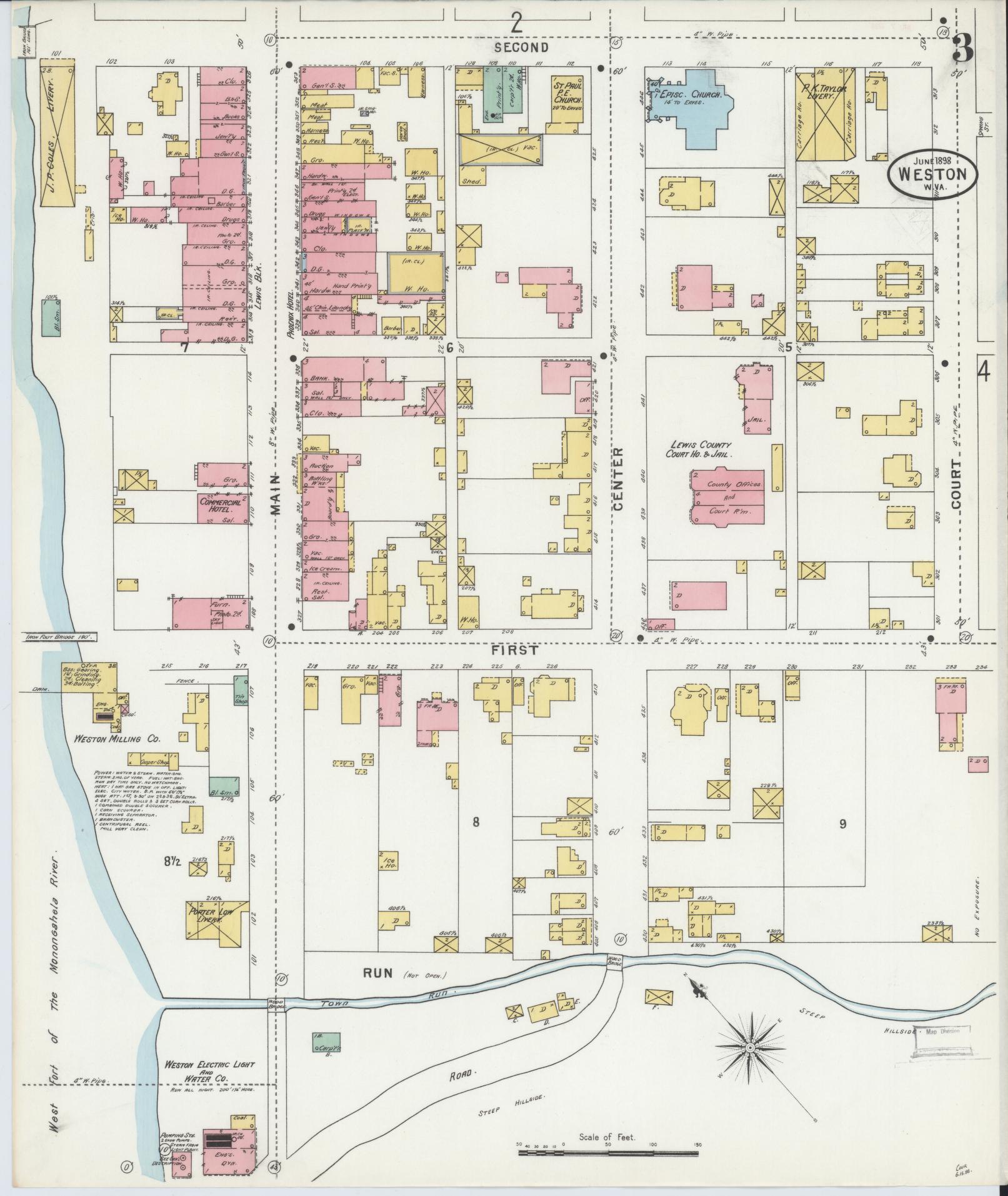 Sanborn Fire Insurance Map from Weston, Lewis County, West Virginia (1898), Sheet #0003 - Historic Sanborn Fire Insurance Map Print, vintage old map wall art, antique decor, genealogy gift, West Virginia West Virginia map