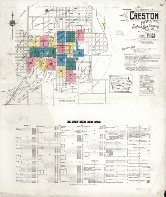Sanborn Fire Insurance Map from Creston, Union County, Iowa (1923), Sheet #0001 - Historic Sanborn Fire Insurance Map Print, vintage old map wall art