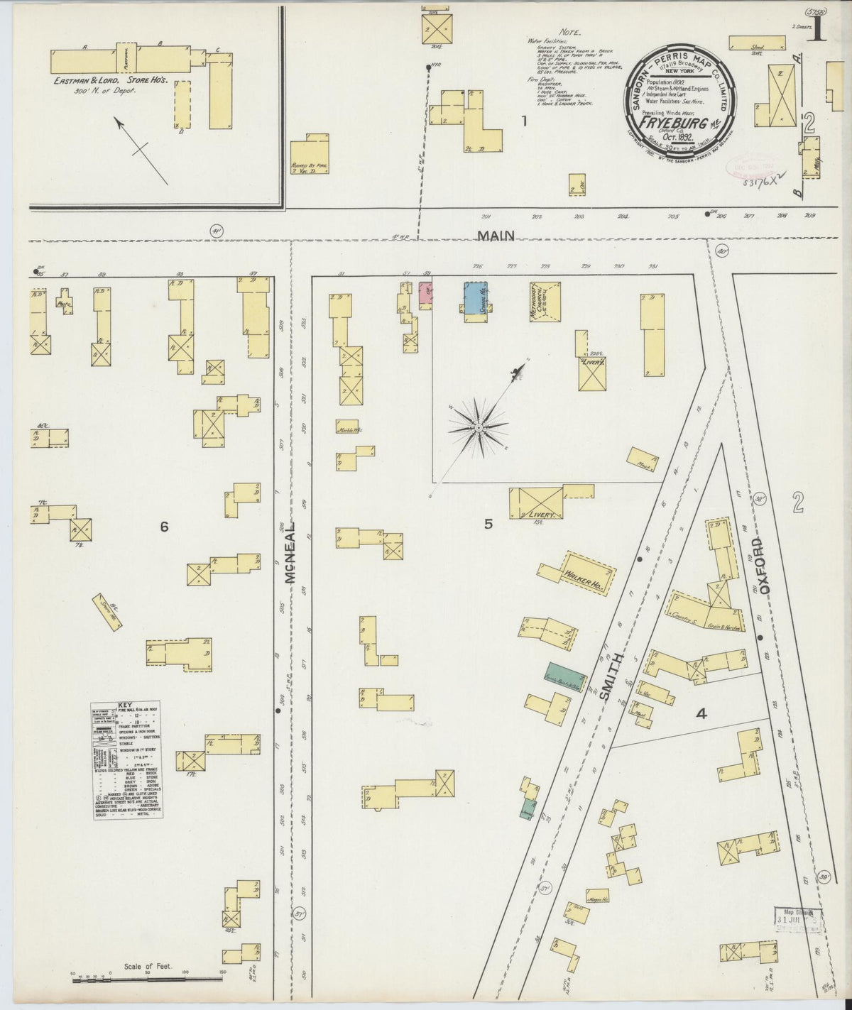 Sanborn Fire Insurance Map from Fryeburg, Oxford County, Maine (1892), Sheet #0001 - Complete Map Set gallery image, historic Sanborn map, vintage wall art, Maine Maine