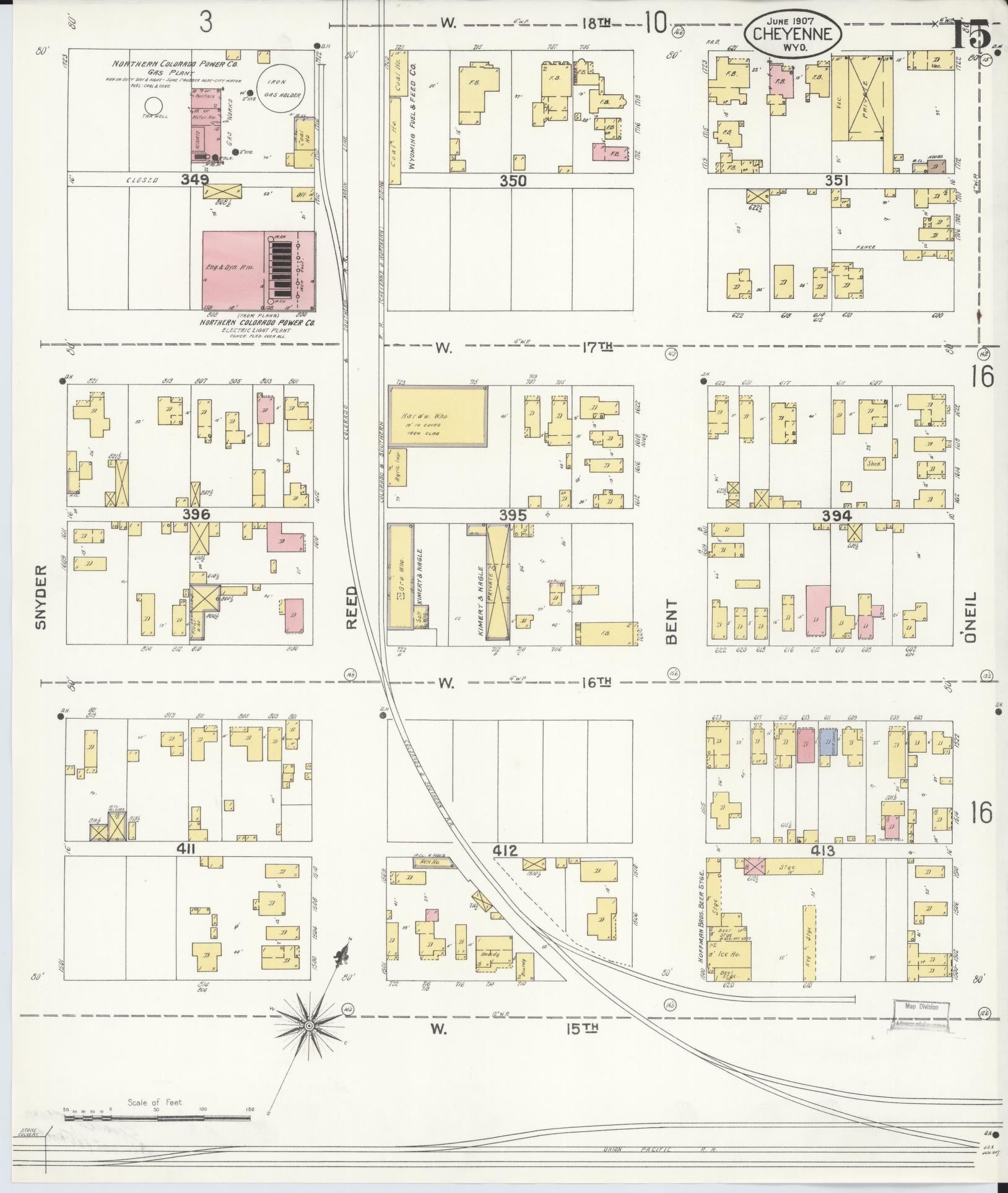 Sanborn Fire Insurance Map from Cheyenne, Laramie County, Wyoming (1907), Sheet #0015 - Complete Map Set gallery image, historic Sanborn map, vintage wall art, Wyoming Wyoming