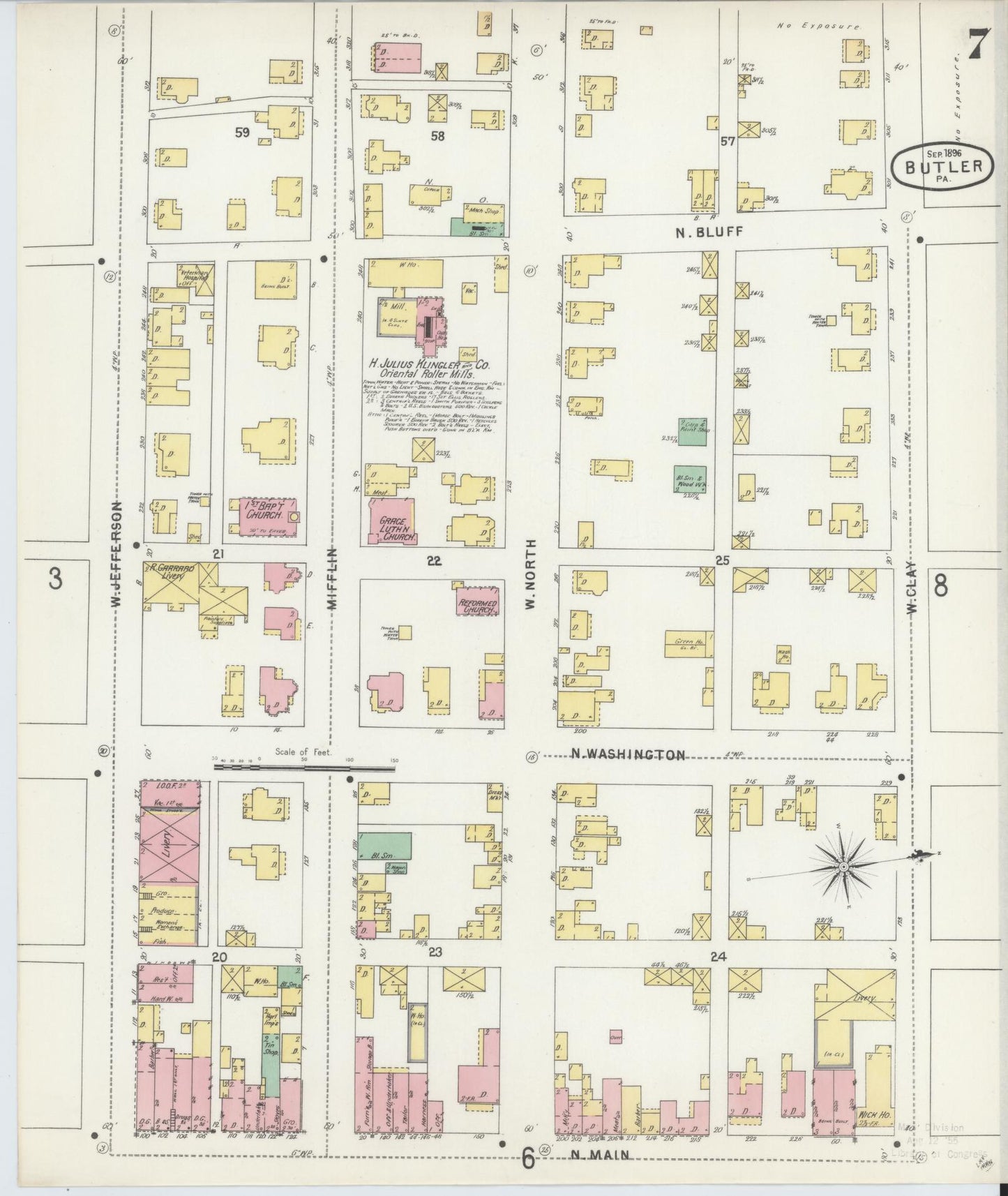 Sanborn Fire Insurance Map from Butler, Butler County, Pennsylvania (1896), Sheet #0007 - Historic Sanborn Fire Insurance Map Print, vintage old map wall art, antique decor, genealogy gift, Pennsylvania Pennsylvania map