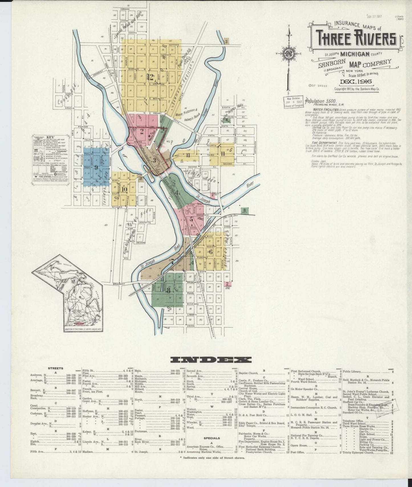 Sanborn Fire Insurance Map from Three Rivers, Saint Joseph County, Michigan (1916), Sheet #0001 - Historic Sanborn Fire Insurance Map Print, vintage old map wall art, antique decor, genealogy gift, Michigan Michigan map