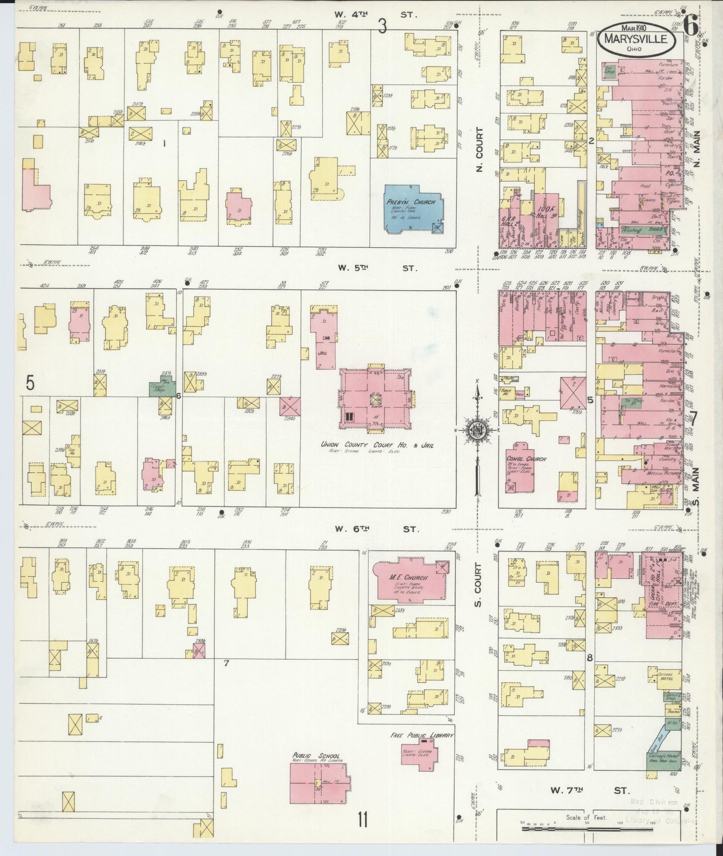 Sanborn Fire Insurance Map from Marysville, Union County, Ohio (1910), Sheet #0006 - Historic Sanborn Fire Insurance Map Print, vintage old map wall art, antique decor, genealogy gift, Ohio Ohio map