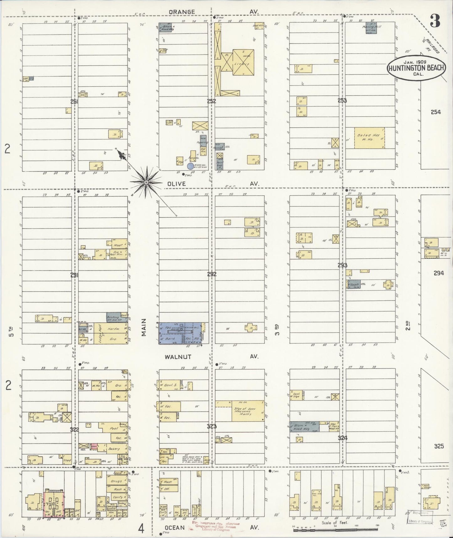 Sanborn Fire Insurance Map from Huntington Beach, Orange County, California (1909), Sheet #0003 - Historic Sanborn Fire Insurance Map Print, vintage old map wall art, antique decor, genealogy gift, California California map