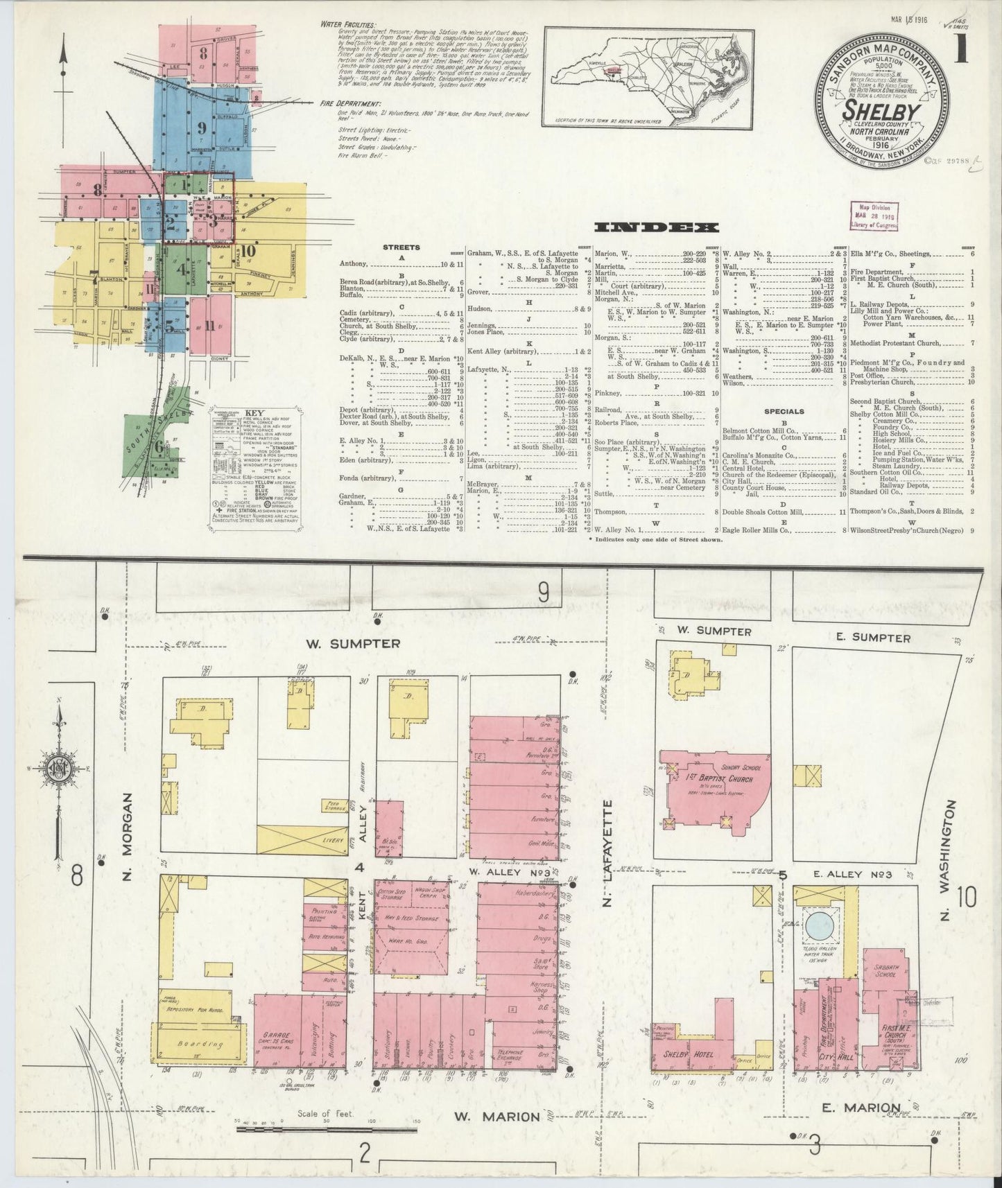 Sanborn Fire Insurance Map from Shelby, Cleveland County, North Carolina (1916), Sheet #0001 - Complete Map Set gallery image, historic Sanborn map, vintage wall art, North Carolina North Carolina
