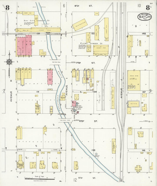 Sanborn Fire Insurance Map from Bay City, Matagorda County, Texas (1926), Sheet #0008 - Historic Sanborn Fire Insurance Map Print, vintage old map wall art, antique decor, genealogy gift, Texas Texas map