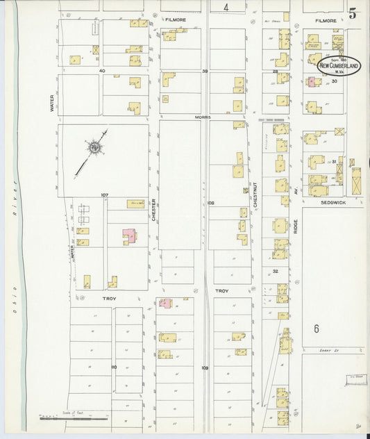 Sanborn Fire Insurance Map from New Cumberland, Hancock County, West Virginia (1910), Sheet #0005 - Historic Sanborn Fire Insurance Map Print, vintage old map wall art, antique decor, genealogy gift, West Virginia West Virginia map