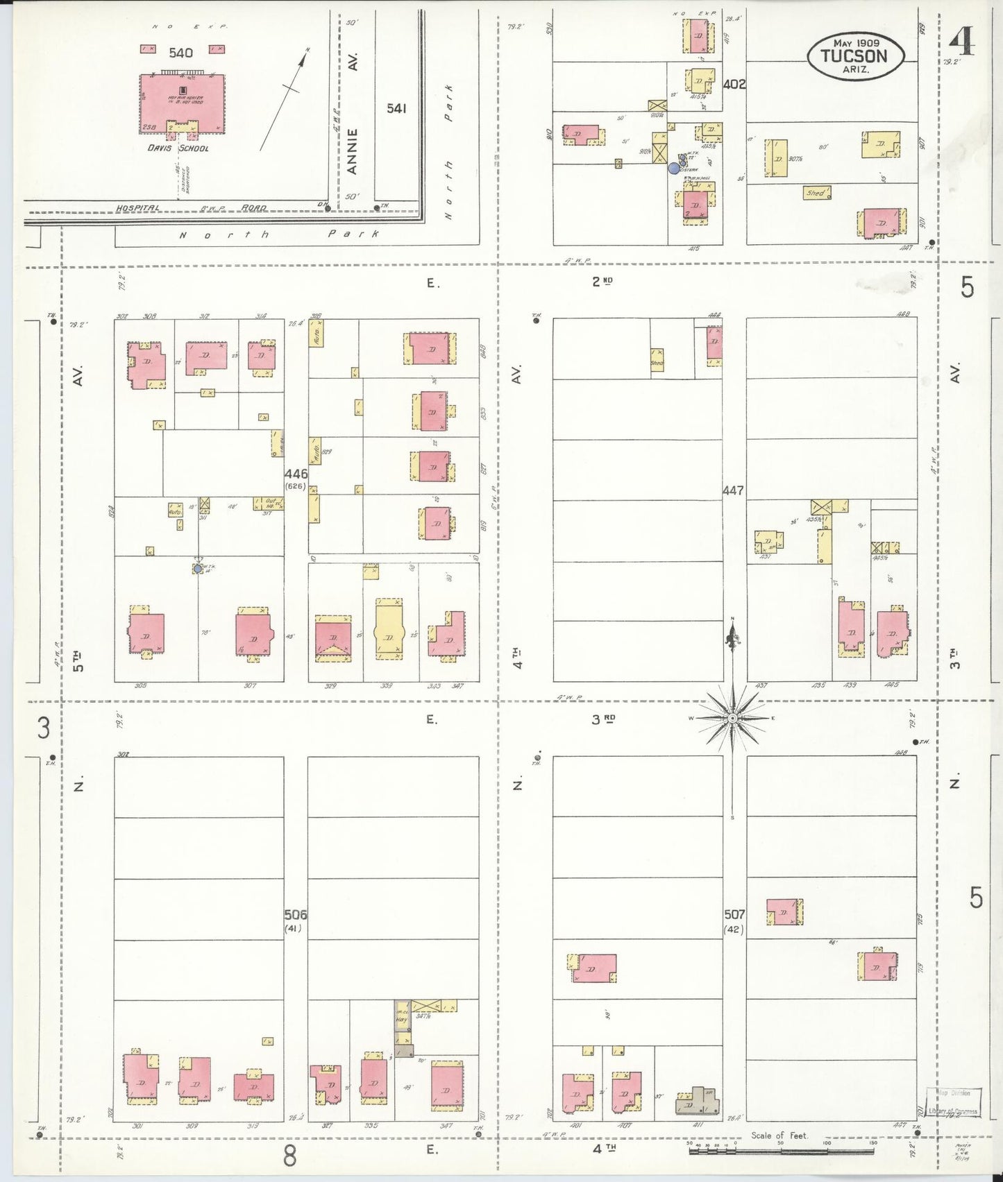Sanborn Fire Insurance Map from Tucson, Pima County, Arizona (1909), Sheet #0004 - Historic Sanborn Fire Insurance Map Print, vintage old map wall art, antique decor, genealogy gift, Arizona Arizona map