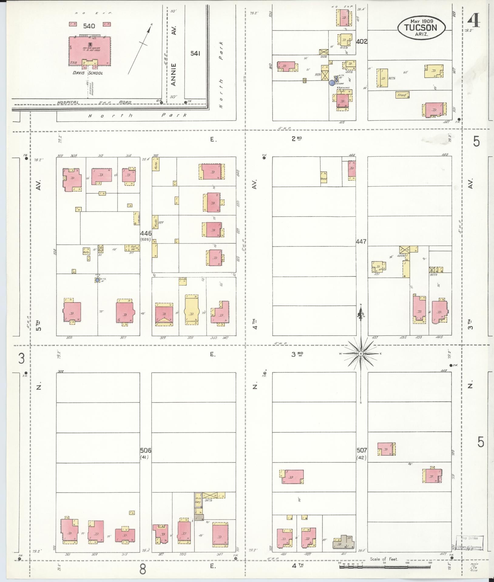 Sanborn Fire Insurance Map from Tucson, Pima County, Arizona (1909), Sheet #0004 - Historic Sanborn Fire Insurance Map Print, vintage old map wall art, antique decor, genealogy gift, Arizona Arizona map
