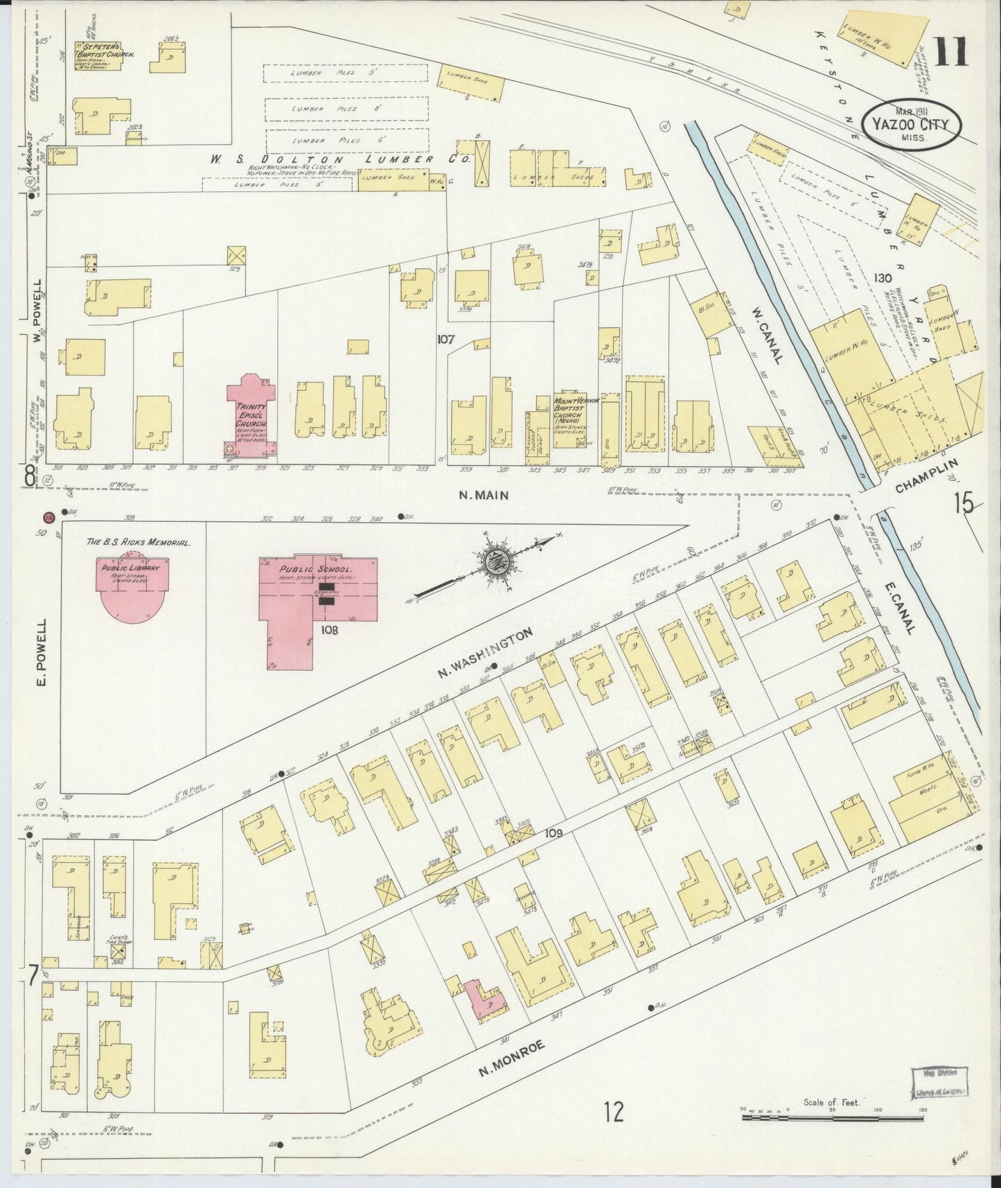 Sanborn Fire Insurance Map from Yazoo City, Yazoo County, Mississippi (1911), Sheet #0011 - Historic Sanborn Fire Insurance Map Print, vintage old map wall art, antique decor, genealogy gift, Mississippi Mississippi map