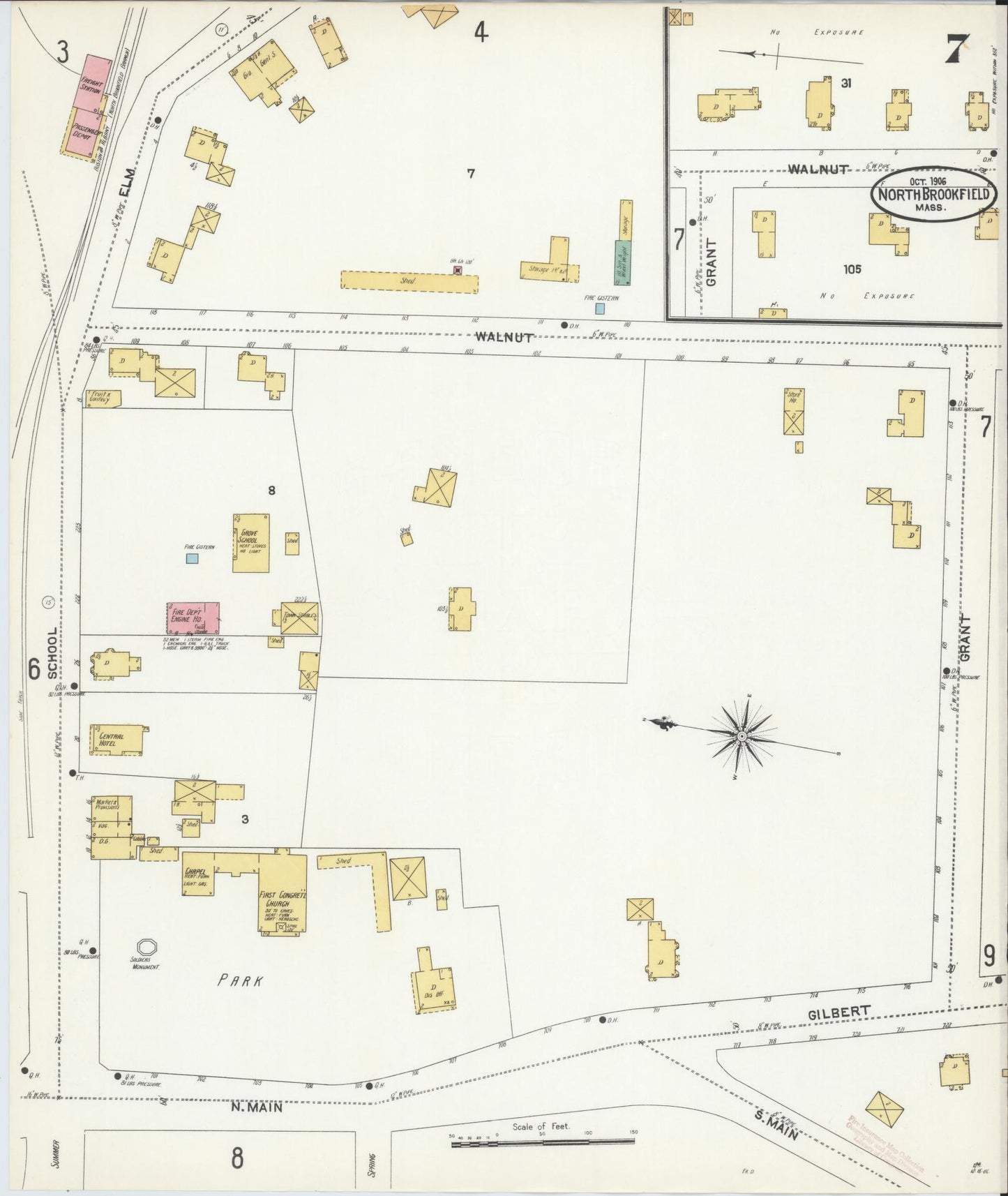 Sanborn Fire Insurance Map from North Brookfield, Worcester County, Massachusetts (1906), Sheet #0007 - Historic Sanborn Fire Insurance Map Print, vintage old map wall art, antique decor, genealogy gift, Massachusetts Massachusetts map