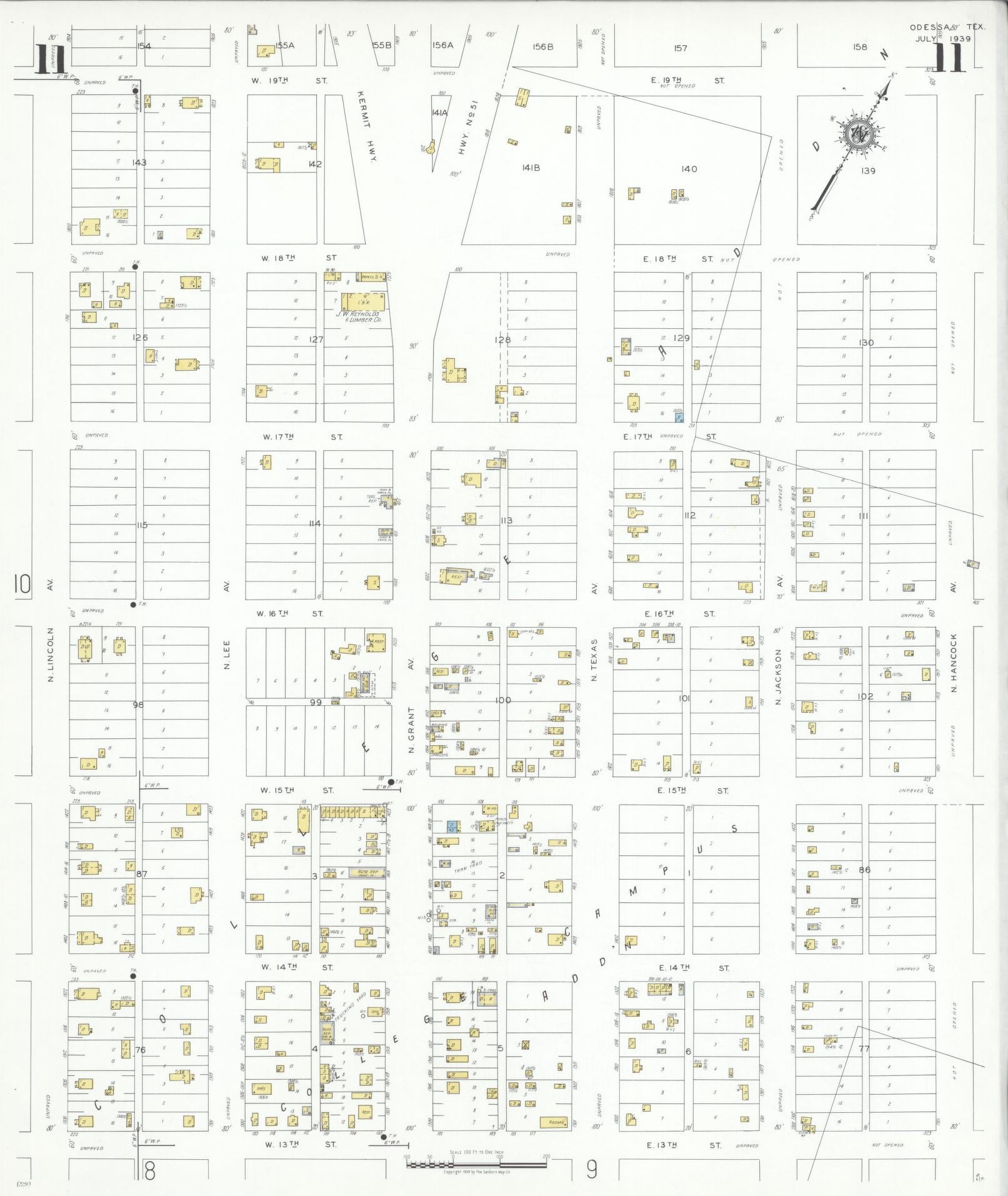 Sanborn Fire Insurance Map from Odessa, Edger County, Texas (1939), Sheet #0011 - Historic Sanborn Fire Insurance Map Print, vintage old map wall art, antique decor, genealogy gift, Texas Texas map