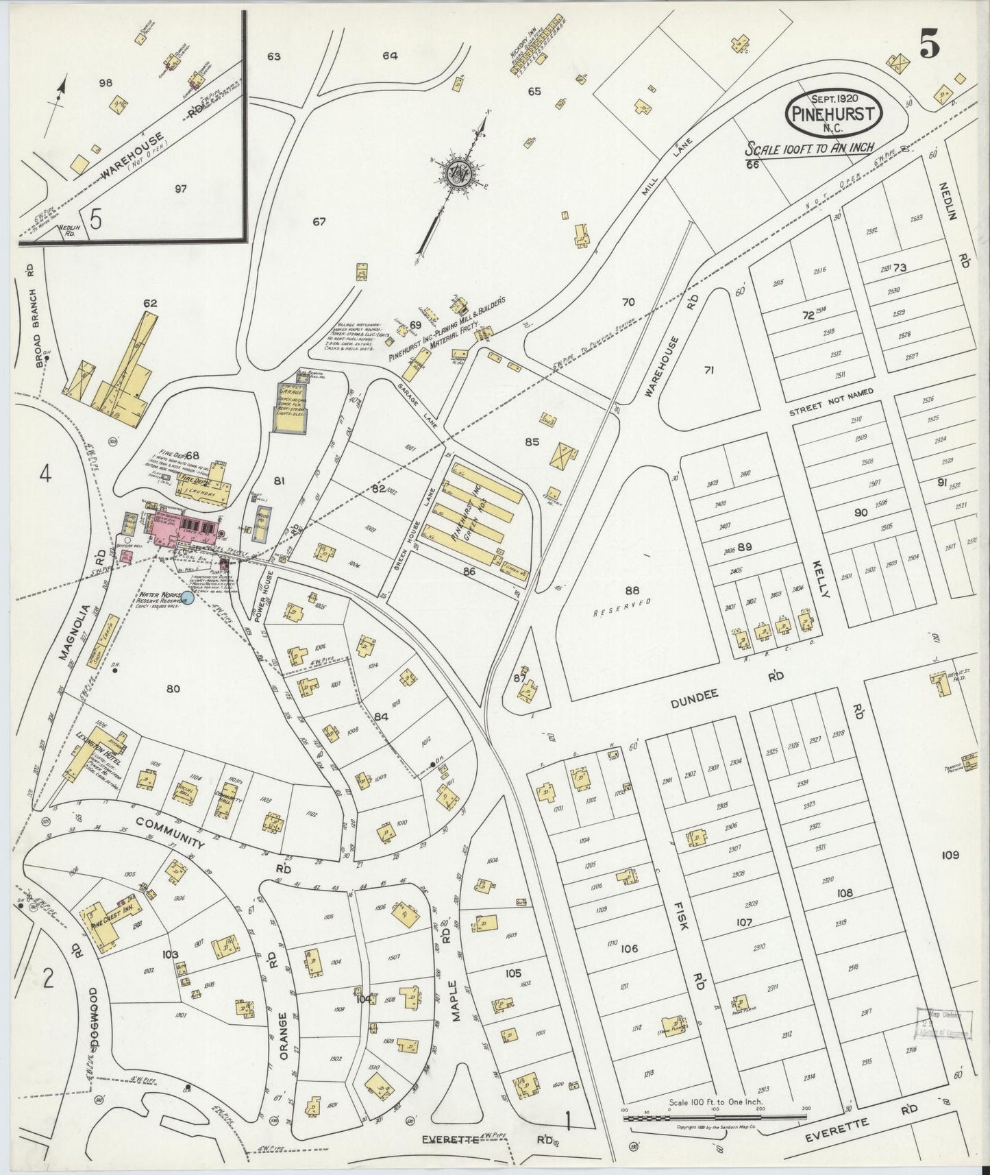 Sanborn Fire Insurance Map from Pinehurst, Moore County, North Carolina (1920), Sheet #0005 - Complete Map Set gallery image, historic Sanborn map, vintage wall art, North Carolina North Carolina