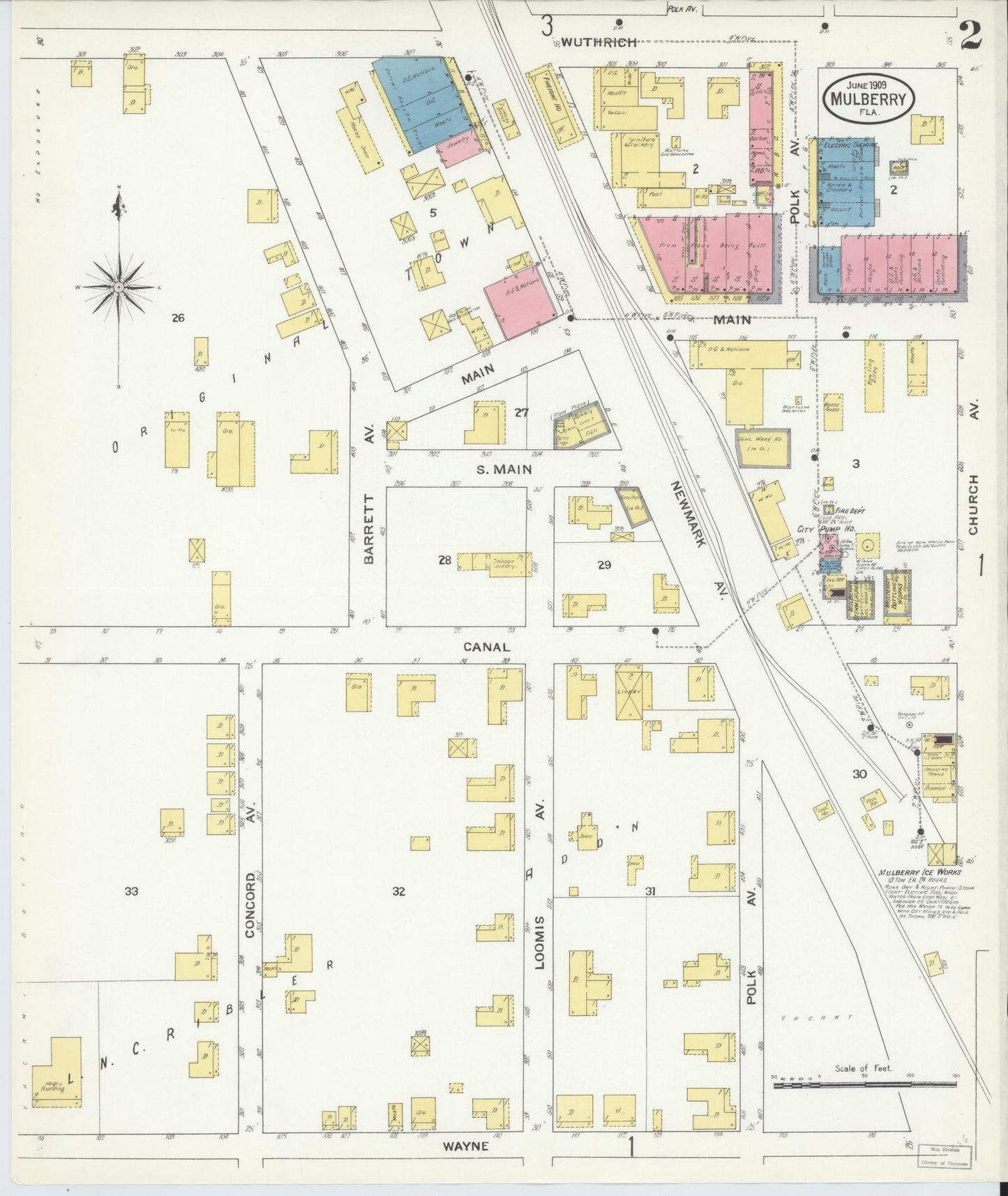 Sanborn Fire Insurance Map from Mulberry, Polk County, Florida (1909), Sheet #0002 - Complete Map Set gallery image, historic Sanborn map, vintage wall art, Florida Florida