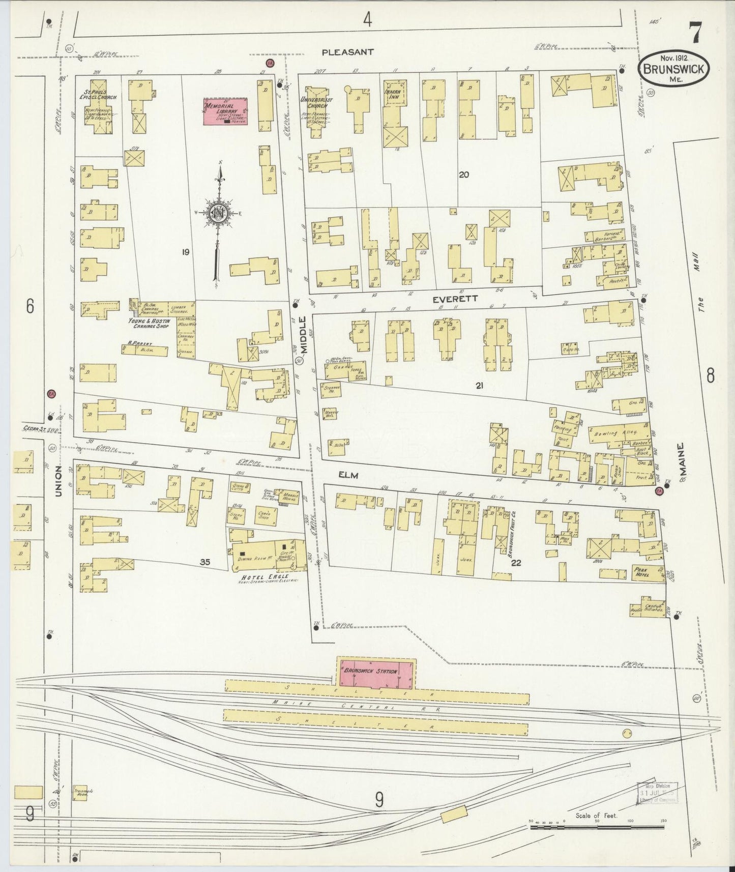Sanborn Fire Insurance Map from Brunswick, Cumberland County, Maine (1912), Sheet #0007 - Complete Map Set gallery image, historic Sanborn map, vintage wall art, Maine Maine