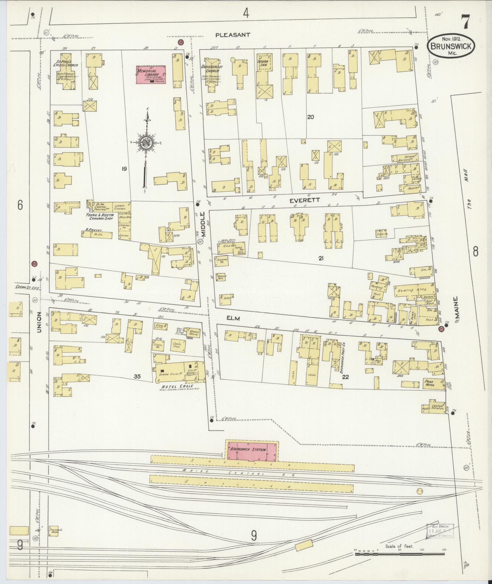 Sanborn Fire Insurance Map from Brunswick, Cumberland County, Maine (1912), Sheet #0007 - Complete Map Set gallery image, historic Sanborn map, vintage wall art, Maine Maine