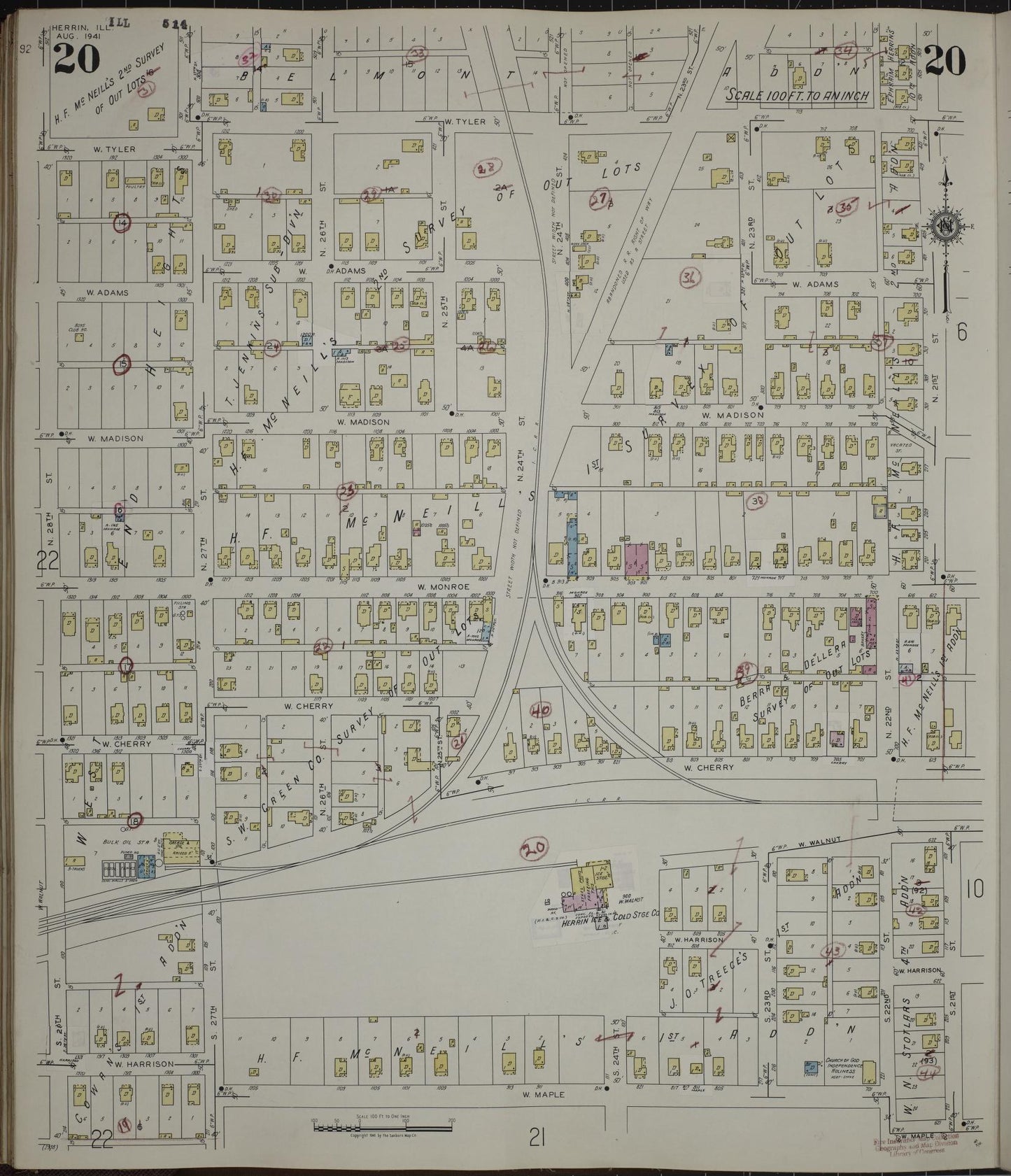 Sanborn Fire Insurance Map from Herrin, Williamson County, Illinois (1947), Sheet #0020 - Historic Sanborn Fire Insurance Map Print, vintage old map wall art, antique decor, genealogy gift, Illinois Illinois map