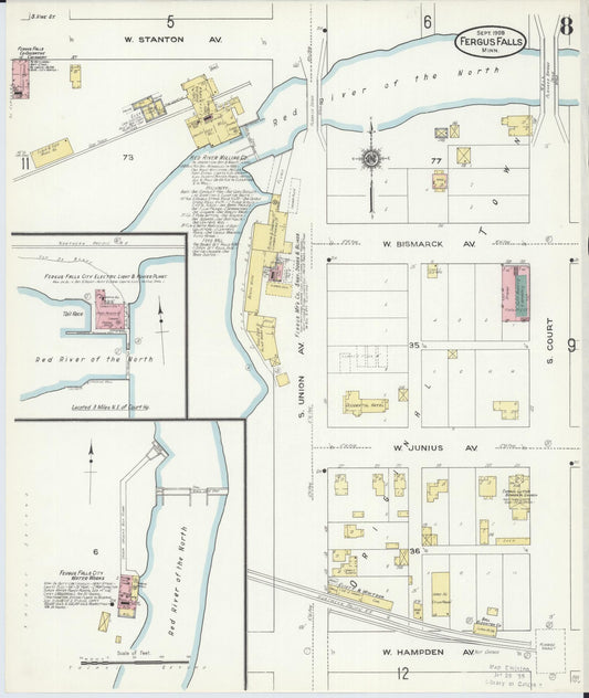 Sanborn Fire Insurance Map from Fergus Falls, Otter Tail County, Minnesota (1909), Sheet #0008 - Historic Sanborn Fire Insurance Map Print, vintage old map wall art, antique decor, genealogy gift, Minnesota Minnesota map
