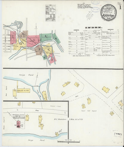 Sanborn Fire Insurance Map from Blackstone, Worcester County, Massachusetts (1898), Sheet #0001 - Historic Sanborn Fire Insurance Map Print, vintage old map wall art, antique decor, genealogy gift, Massachusetts Massachusetts map