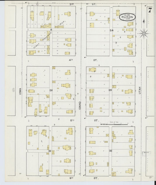 Sanborn Fire Insurance Map from Huron, Beadle County, South Dakota (1892), Sheet #0007 - Historic Sanborn Fire Insurance Map Print, vintage old map wall art, antique decor, genealogy gift, South Dakota South Dakota map