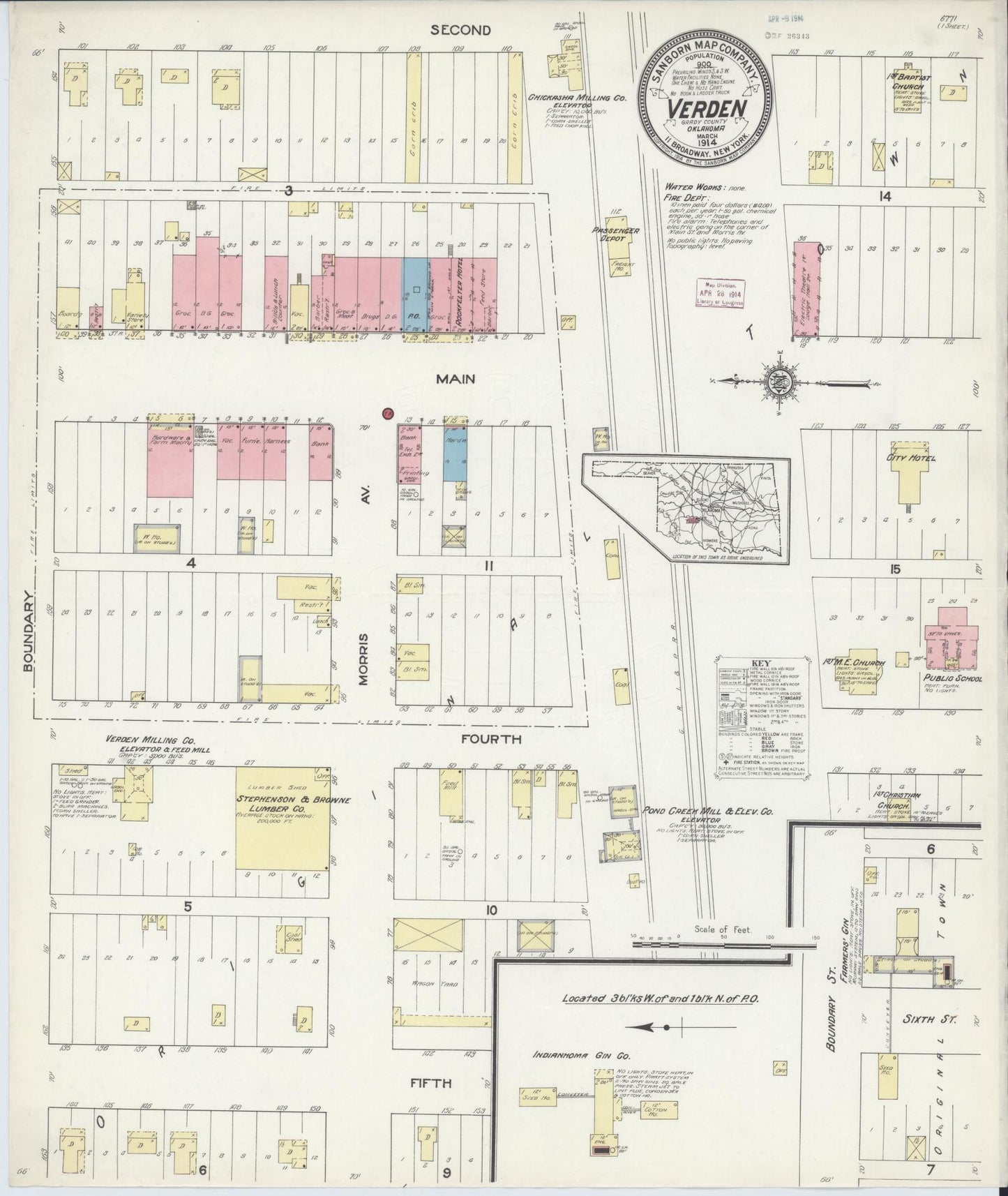 Sanborn Fire Insurance Map from Verden, Grady County, Oklahoma (1914), Sheet #0001 - Historic Sanborn Fire Insurance Map Print, vintage old map wall art, antique decor, genealogy gift, Oklahoma Oklahoma map
