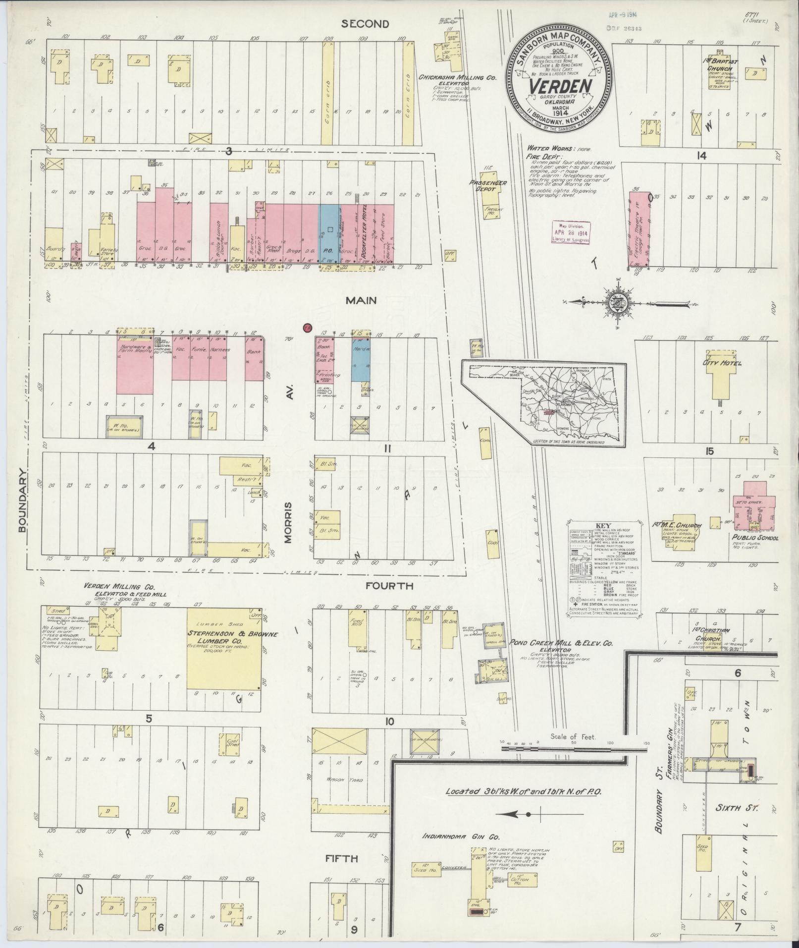 Sanborn Fire Insurance Map from Verden, Grady County, Oklahoma (1914), Sheet #0001 - Historic Sanborn Fire Insurance Map Print, vintage old map wall art, antique decor, genealogy gift, Oklahoma Oklahoma map