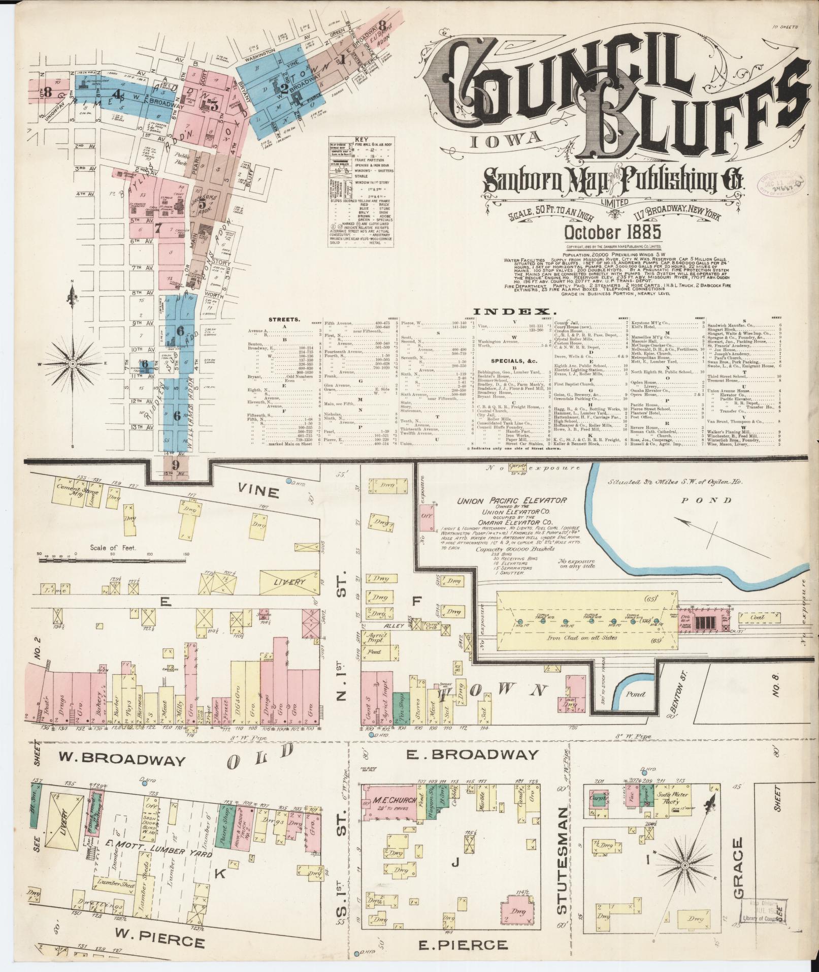 Sanborn Fire Insurance Map from Council Bluffs, Pottawattamie County, Iowa (1885), Sheet #0001 - Historic Sanborn Fire Insurance Map Print, vintage old map wall art