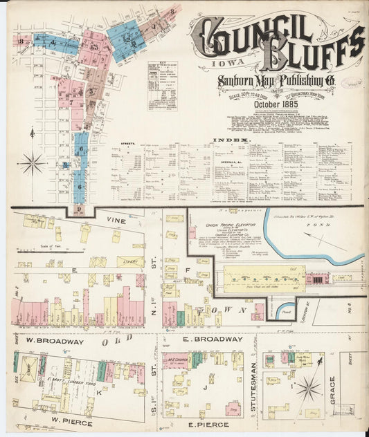 Sanborn Fire Insurance Map from Council Bluffs, Pottawattamie County, Iowa (1885), Sheet #0001 - Historic Sanborn Fire Insurance Map Print, vintage old map wall art