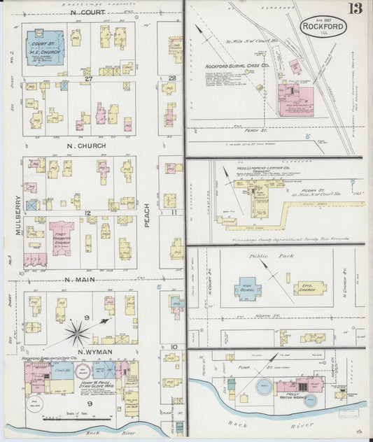 Sanborn Fire Insurance Map from Rockford, Winnebago County, Illinois (1887), Sheet #0013 - Historic Sanborn Fire Insurance Map Print, vintage old map wall art, antique decor, genealogy gift, Illinois Illinois map
