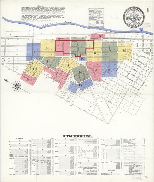 Sanborn Fire Insurance Map from Wenatchee, Chelan County, Washington (1909), Sheet #0001 - Historic Sanborn Fire Insurance Map Print, vintage old map wall art, antique decor, genealogy gift, Washington Washington map