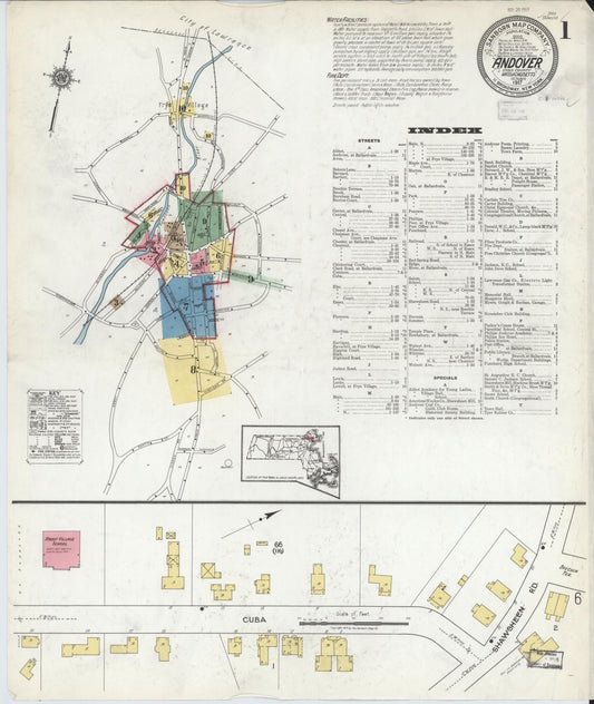 Sanborn Fire Insurance Map from Andover, Essex County, Massachusetts (1917), Sheet #0001 - Complete Map Set gallery image, historic Sanborn map, vintage wall art, Massachusetts Massachusetts