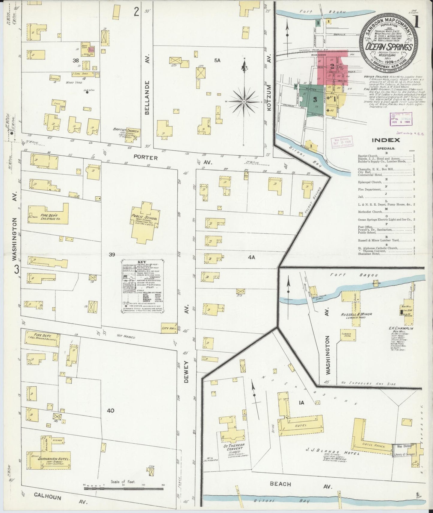 Sanborn Fire Insurance Map from Ocean Springs, Jackson County, Mississippi (1909), Sheet #0001 - Complete Map Set gallery image, historic Sanborn map, vintage wall art, Mississippi Mississippi