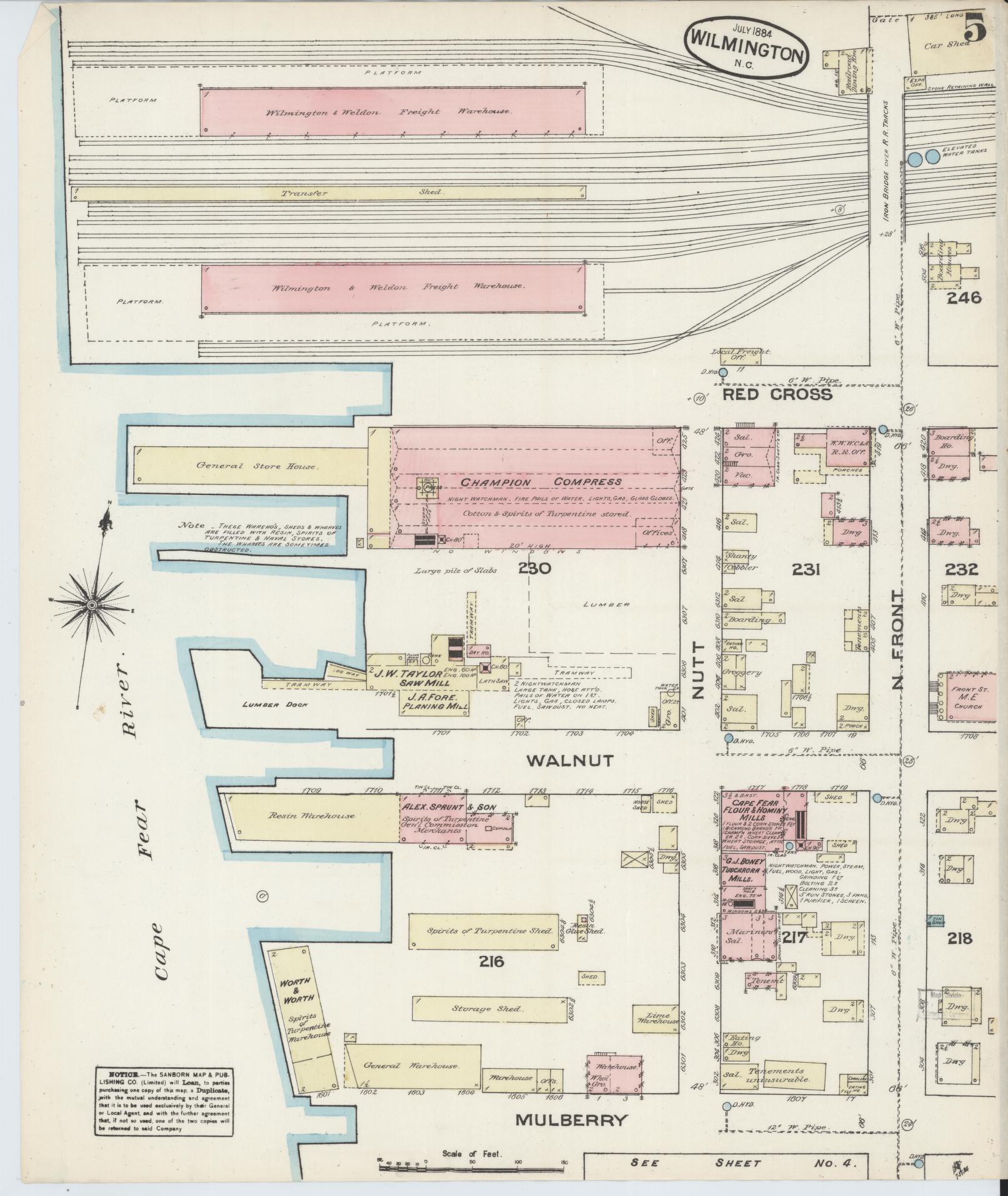 Sanborn Fire Insurance Map from Wilmington, New Hanover County, North Carolina (1884), Sheet #0005 - Historic Sanborn Fire Insurance Map Print, vintage old map wall art, antique decor, genealogy gift, North Carolina North Carolina map