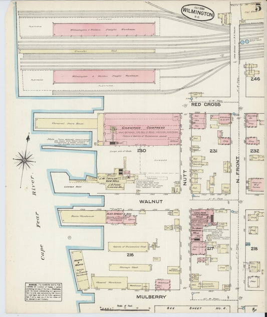 Sanborn Fire Insurance Map from Wilmington, New Hanover County, North Carolina (1884), Sheet #0005 - Historic Sanborn Fire Insurance Map Print, vintage old map wall art, antique decor, genealogy gift, North Carolina North Carolina map