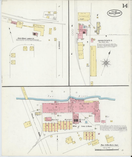 Sanborn Fire Insurance Map from Rocky Mount, Edgecombe And Nash Counties, North Carolina (1907), Sheet #0014 - Historic Sanborn Fire Insurance Map Print, vintage old map wall art, antique decor, genealogy gift, North Carolina North Carolina map