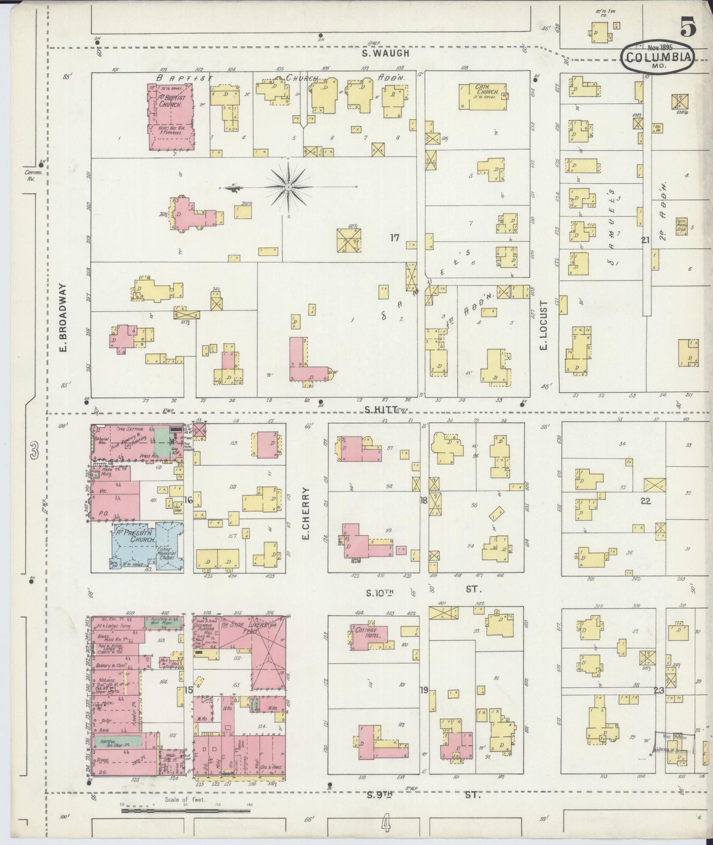 Sanborn Fire Insurance Map from Columbia, Boone County, Missouri (1895), Sheet #0005 - Historic Sanborn Fire Insurance Map Print, vintage old map wall art, antique decor, genealogy gift, Missouri Missouri map