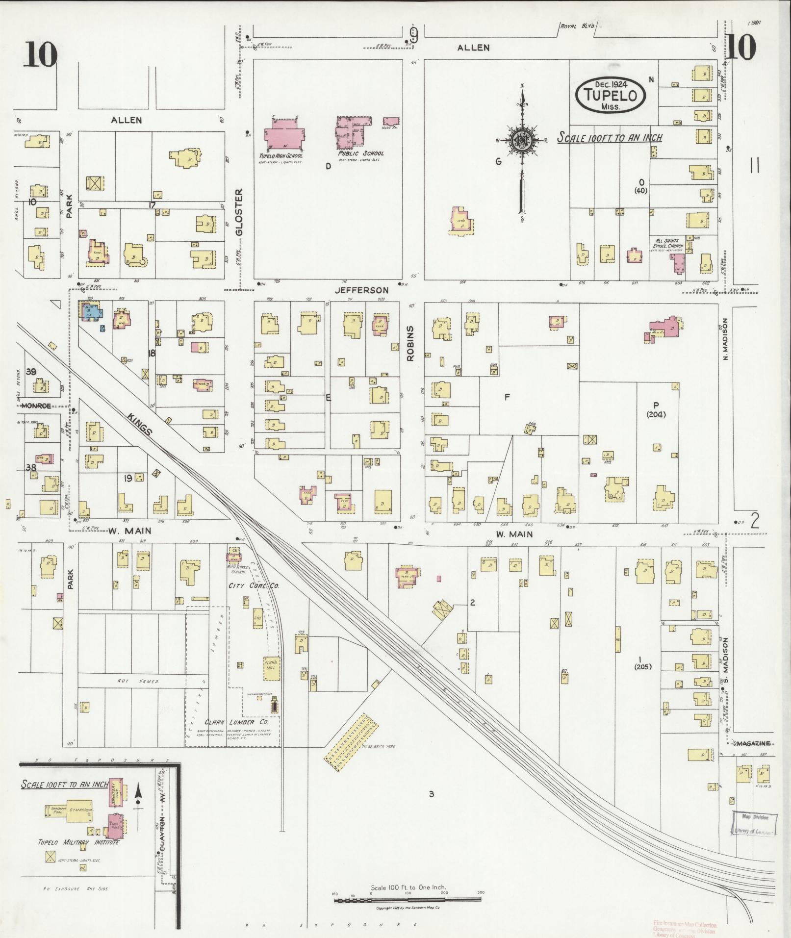 Sanborn Fire Insurance Map from Tupelo, Lee County, Mississippi (1924), Sheet #0010 - Historic Sanborn Fire Insurance Map Print, vintage old map wall art, antique decor, genealogy gift, Mississippi Mississippi map