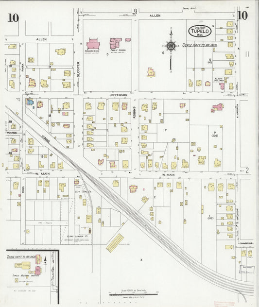 Sanborn Fire Insurance Map from Tupelo, Lee County, Mississippi (1924), Sheet #0010 - Historic Sanborn Fire Insurance Map Print, vintage old map wall art, antique decor, genealogy gift, Mississippi Mississippi map