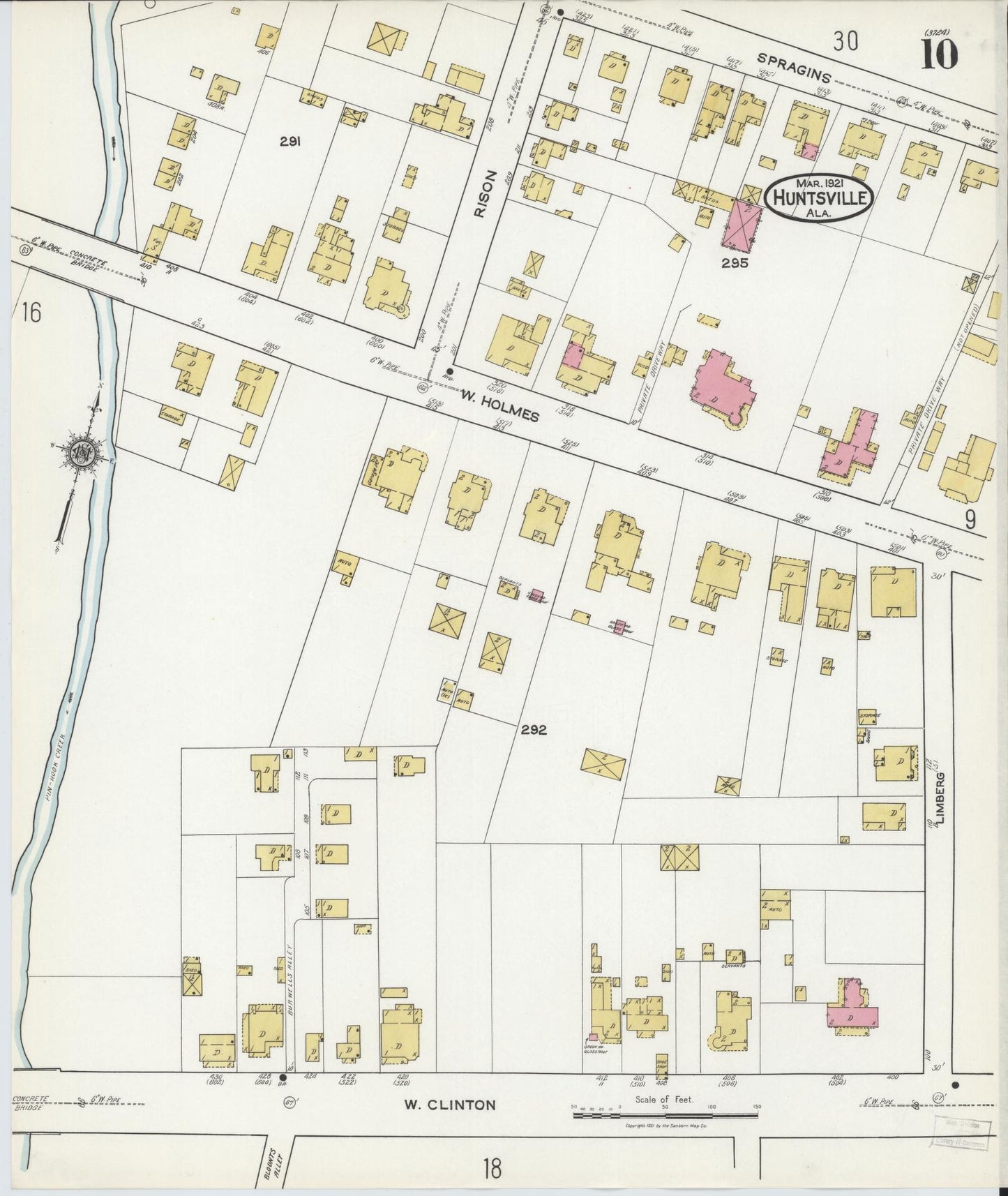 Sanborn Fire Insurance Map from Huntsville, Madison County, Alabama (1921), Sheet #0010 - Complete Map Set gallery image, historic Sanborn map, vintage wall art, Alabama Alabama