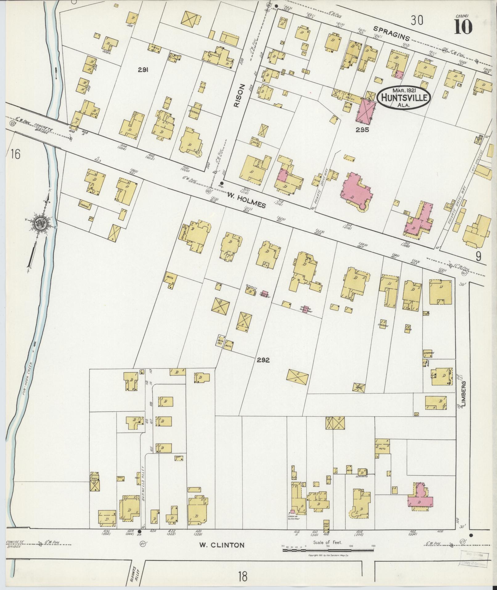 Sanborn Fire Insurance Map from Huntsville, Madison County, Alabama (1921), Sheet #0010 - Complete Map Set gallery image, historic Sanborn map, vintage wall art, Alabama Alabama