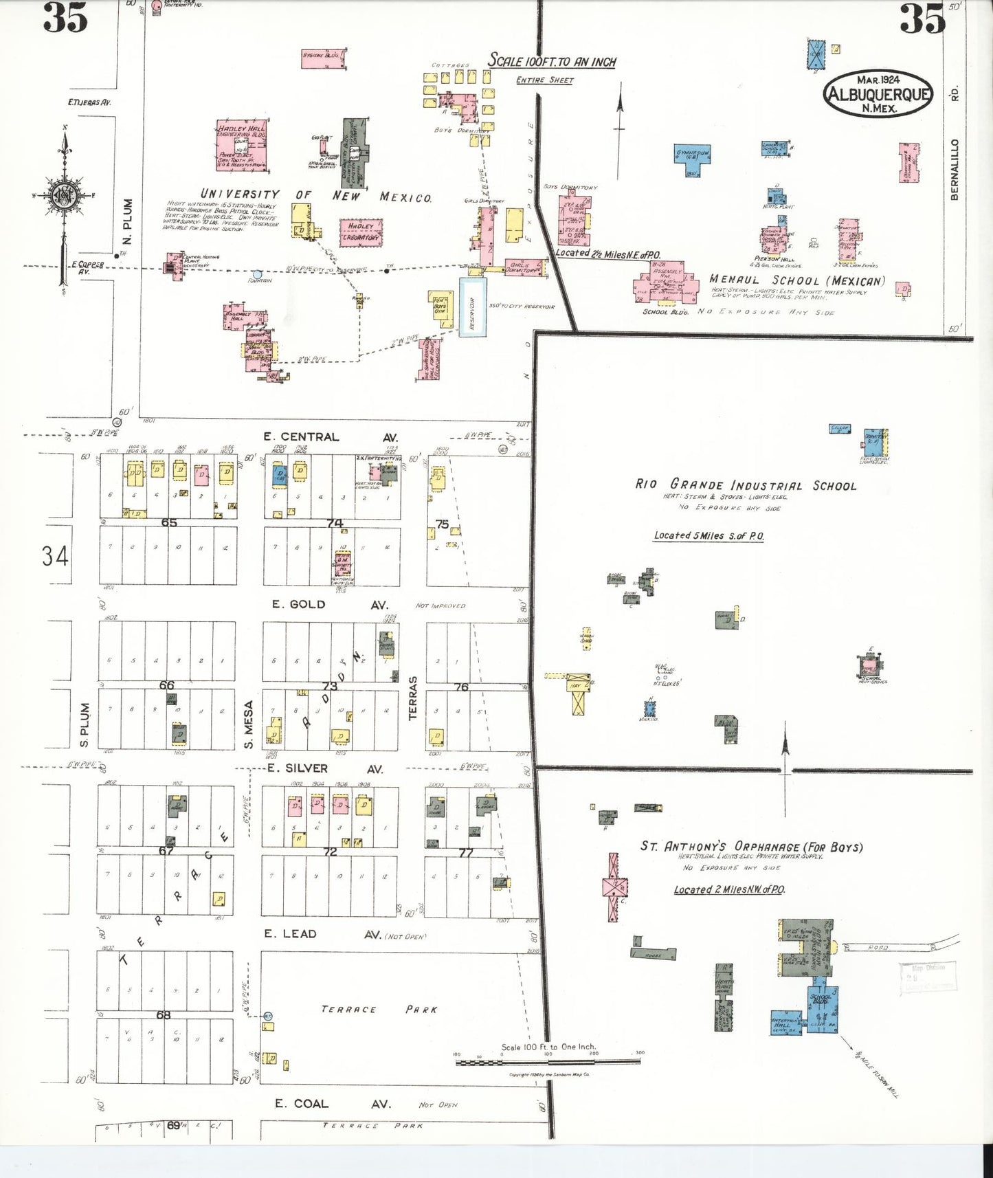 Sanborn Fire Insurance Map from Albuquerque, Bernalillo County, New Mexico (1924), Sheet #0035 - Historic Sanborn Fire Insurance Map Print, vintage old map wall art, antique decor, genealogy gift, New Mexico New Mexico map