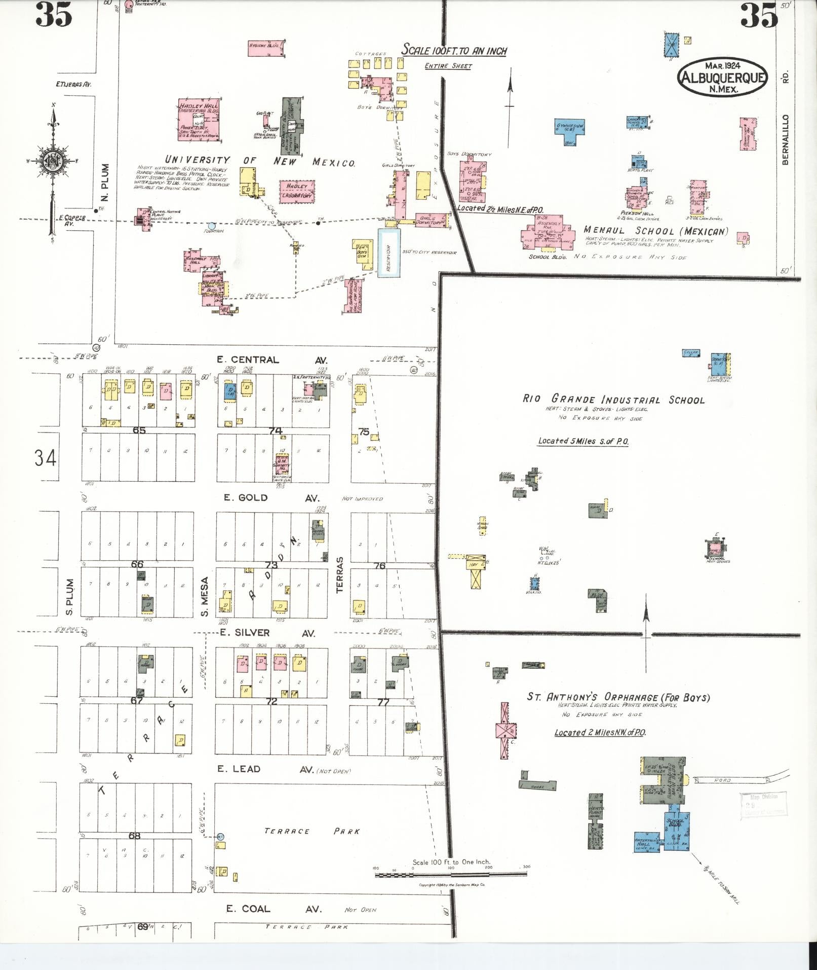 Sanborn Fire Insurance Map from Albuquerque, Bernalillo County, New Mexico (1924), Sheet #0035 - Historic Sanborn Fire Insurance Map Print, vintage old map wall art, antique decor, genealogy gift, New Mexico New Mexico map