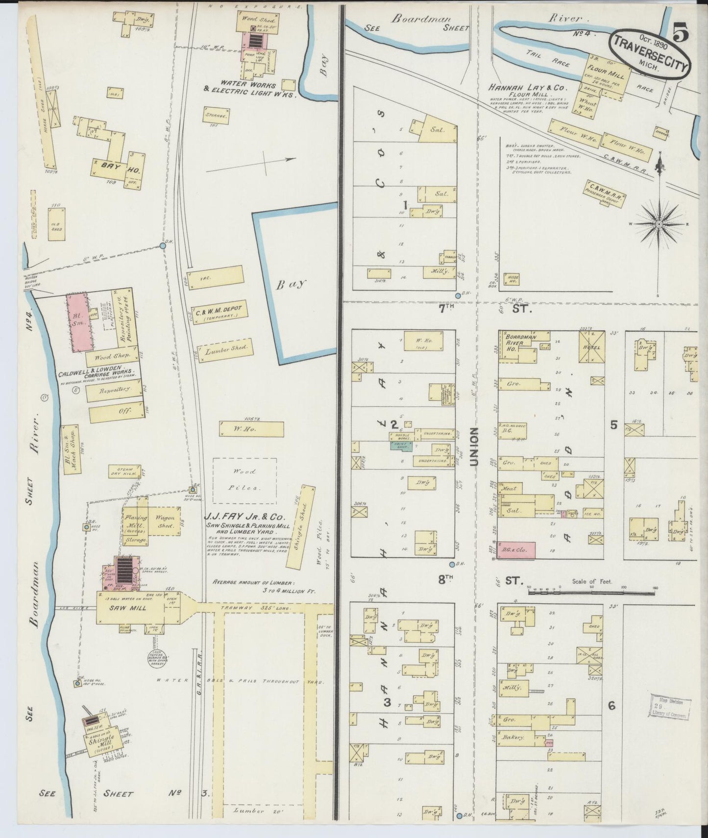 Sanborn Fire Insurance Map from Traverse City, Grand Traverse County, Michigan (1890), Sheet #0005 - Historic Sanborn Fire Insurance Map Print, vintage old map wall art, antique decor, genealogy gift, Michigan Michigan map