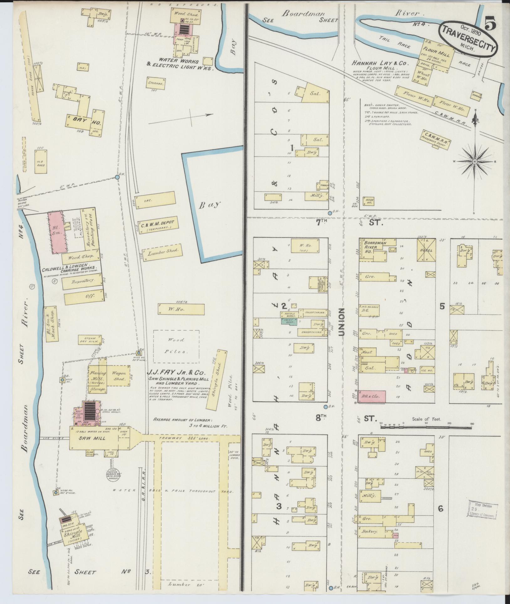 Sanborn Fire Insurance Map from Traverse City, Grand Traverse County, Michigan (1890), Sheet #0005 - Historic Sanborn Fire Insurance Map Print, vintage old map wall art, antique decor, genealogy gift, Michigan Michigan map