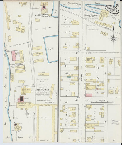 Sanborn Fire Insurance Map from Traverse City, Grand Traverse County, Michigan (1890), Sheet #0005 - Historic Sanborn Fire Insurance Map Print, vintage old map wall art, antique decor, genealogy gift, Michigan Michigan map