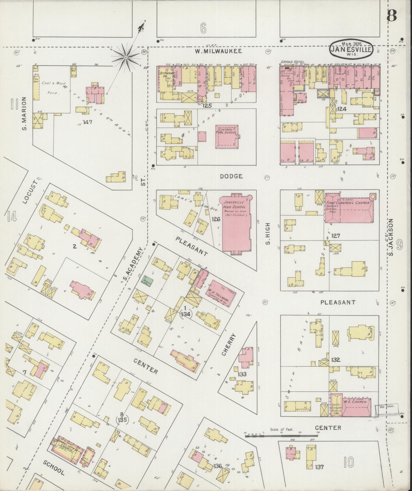 Sanborn Fire Insurance Map from Janesville, Rock County, Wisconsin (1895), Sheet #0008 - Historic Sanborn Fire Insurance Map Print, vintage old map wall art, antique decor, genealogy gift, Wisconsin Wisconsin map