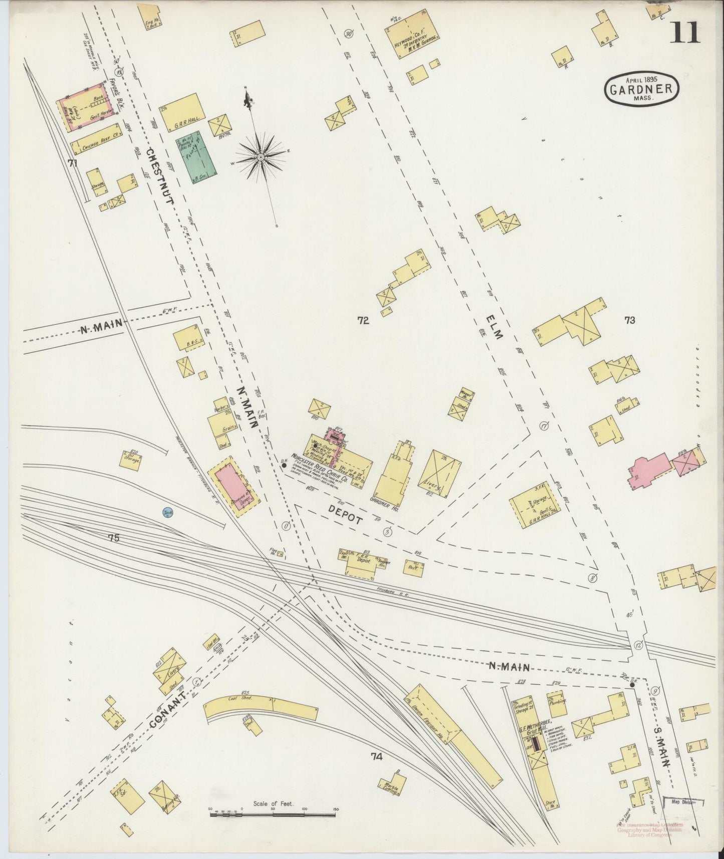 Sanborn Fire Insurance Map from Gardner, Worcester County, Massachusetts (1895), Sheet #0011 - Historic Sanborn Fire Insurance Map Print, vintage old map wall art, antique decor, genealogy gift, Massachusetts Massachusetts map