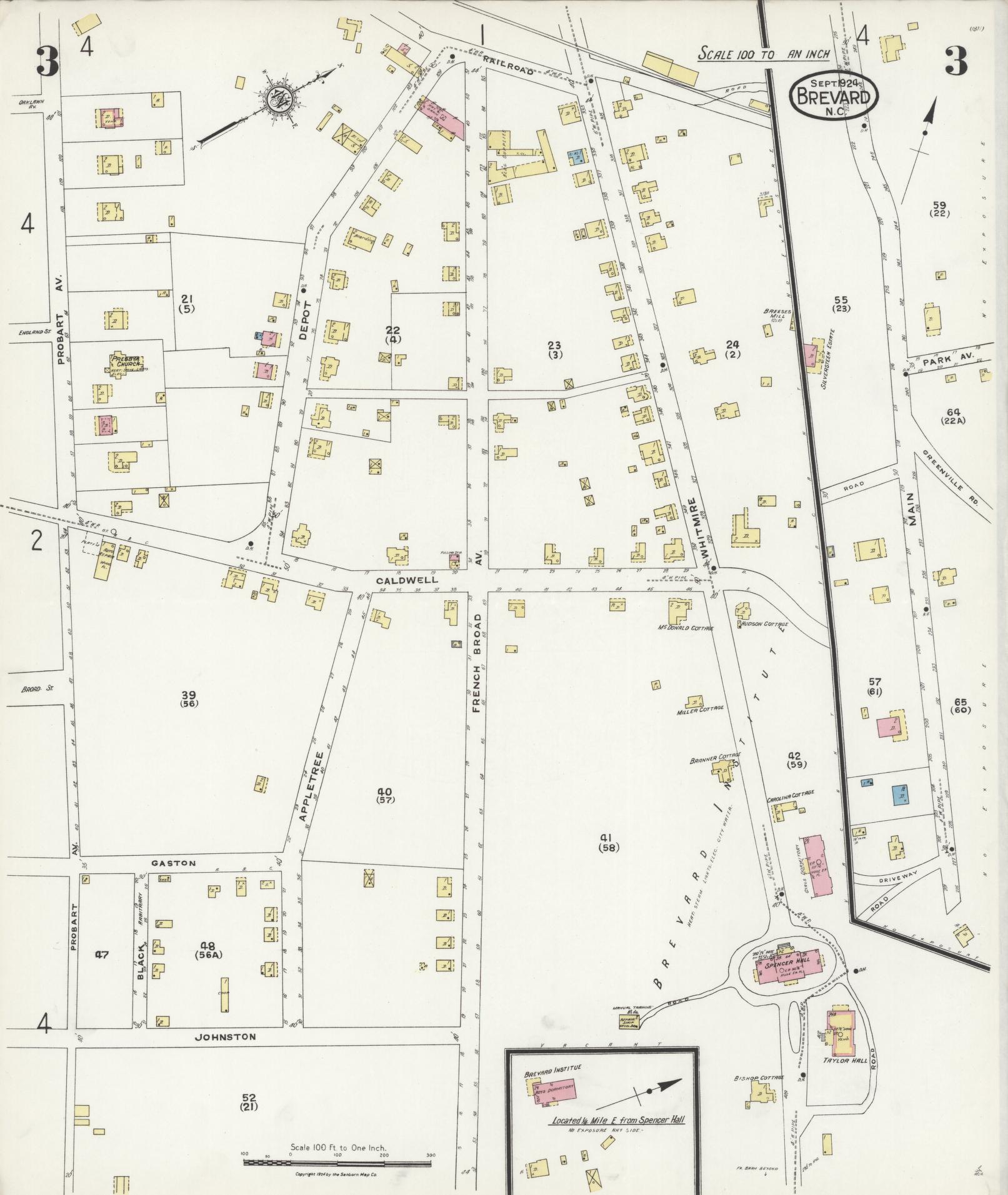 Sanborn Fire Insurance Map from Brevard, Transylvania County, North Carolina (1924), Sheet #0003 - Historic Sanborn Fire Insurance Map Print, vintage old map wall art, antique decor, genealogy gift, North Carolina North Carolina map